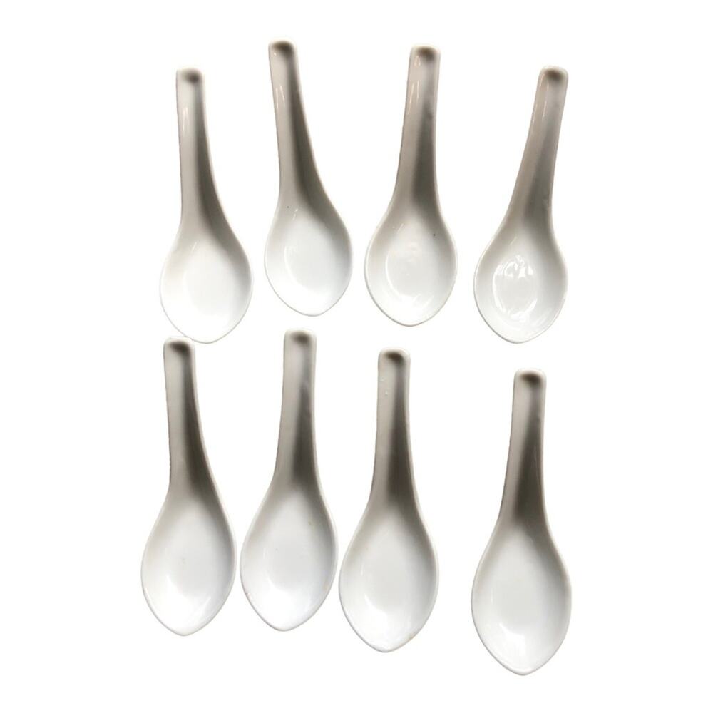 Asian Soup Spoons Set of 8 White Ceramic Chinese Rice Porcelain Flat Bottom